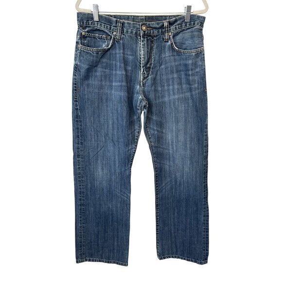 !1T Jeans Size 34 Long Distressed Straight Leg Denim Frayed Hem Blue Cotton Y2K - Picture 1 of 10